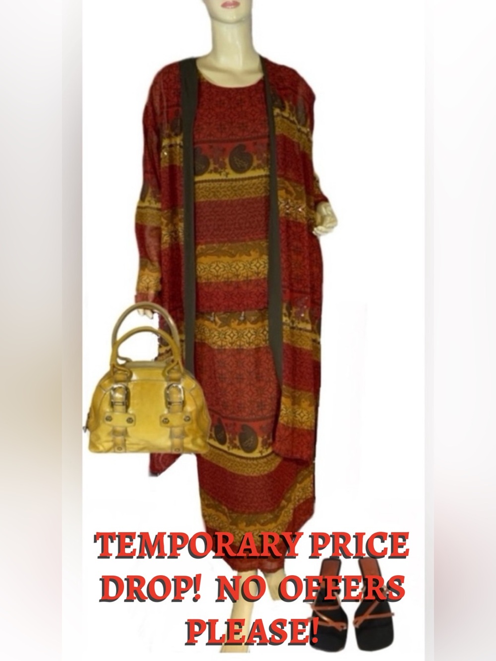 ERICA BROOKE COLLECTION RED, GOLD & BROWN SKIRT, TUNIC & CARDIGAN SET NWT (14)